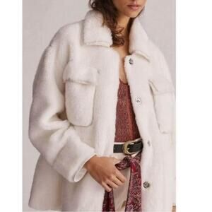 Anthropologie Maeve white fur coat jacket faux leather trim Sherpa size XS